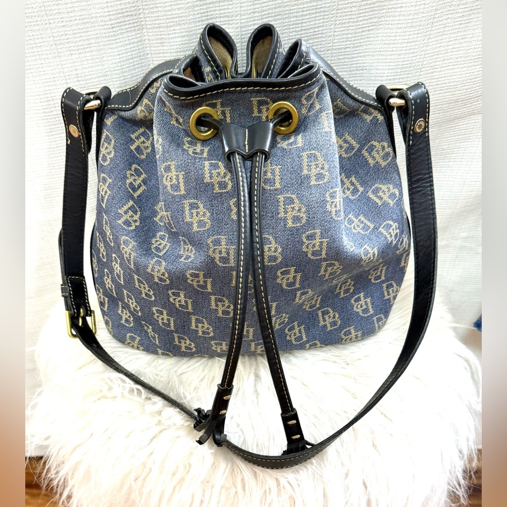 Dooney & Bourke Blue Monogram Drawstring Bucket Bag with Black Trim